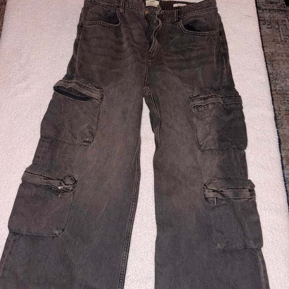 Cotton On Super Baggy Cargo Jeans Size 34 Washed Black Multi Pocket